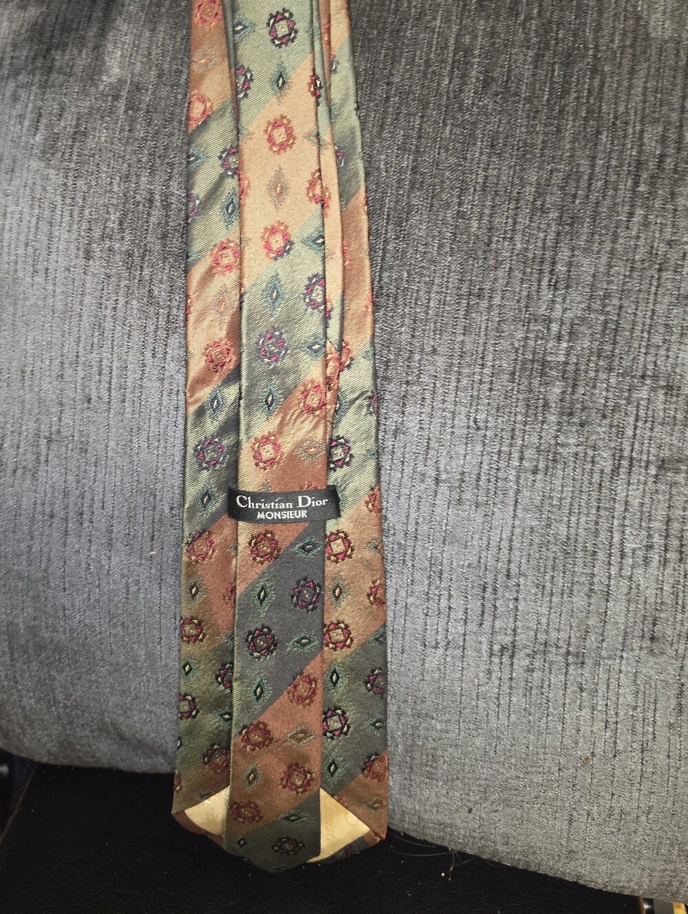 Christian Dior Striped Medallion Silk Tie in Green and Brown